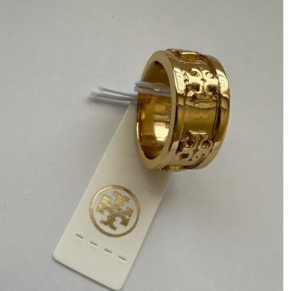 Tory Burch Miller Stud Ring Gold Tone Wide Band Logo Size 7 New